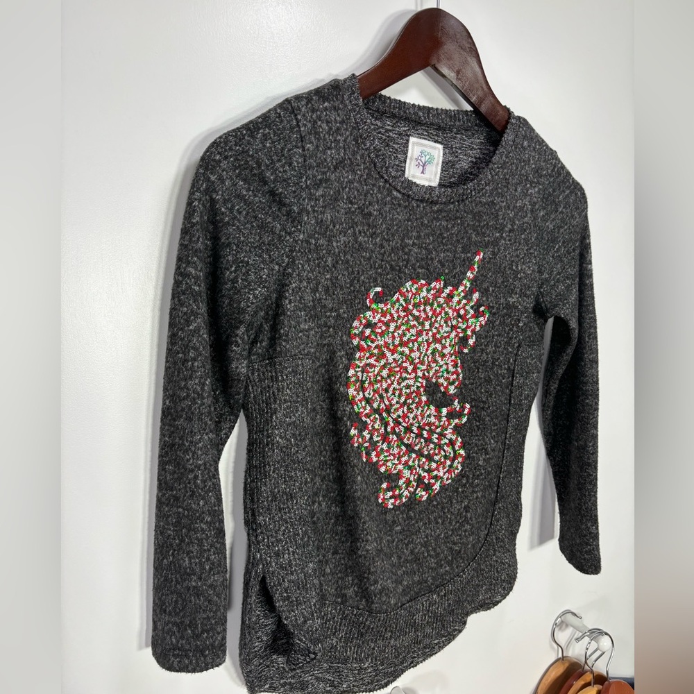5/$50 Colortree Girls M 10-12 Lightweight Sweater Christmas Unicorn gray Fleece